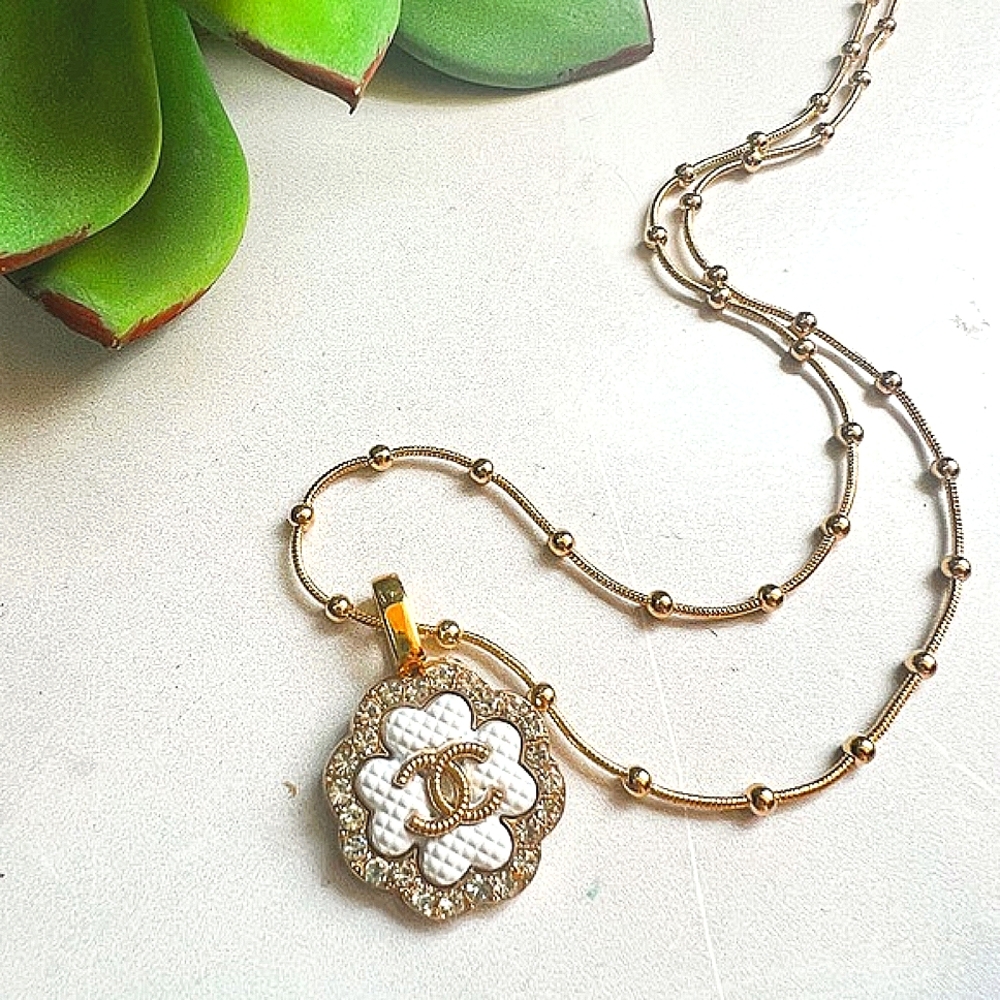 Authentic Designer Button Pendant on Gold Filled Satellite Chain - Picture 2 of 3